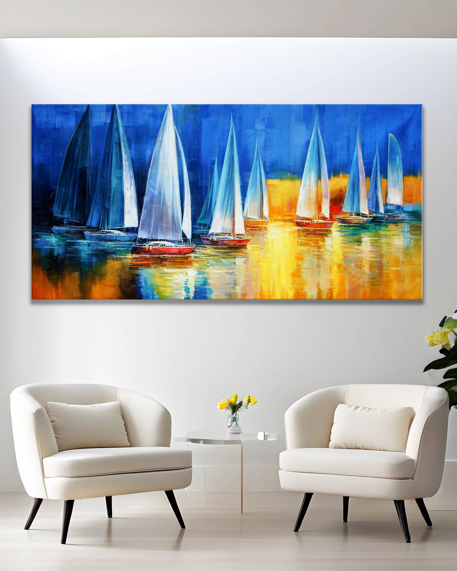 Hand Painted Group of Sailing Boats in a Body of Water 90x180cm