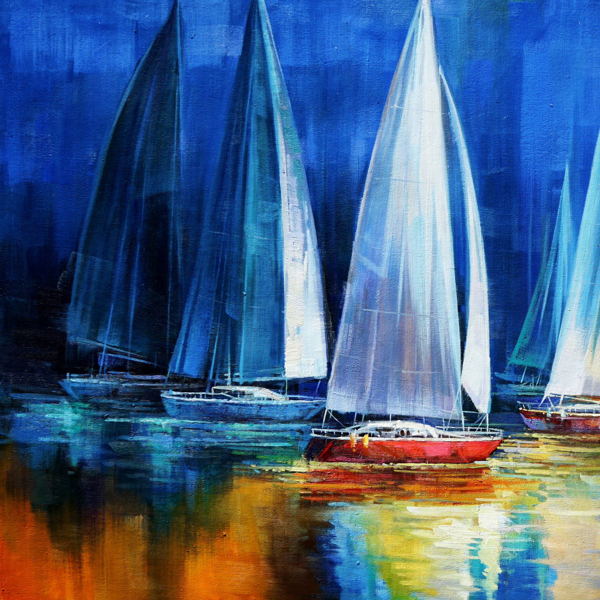 Hand Painted Group of Sailing Boats in a Body of Water 90x180cm