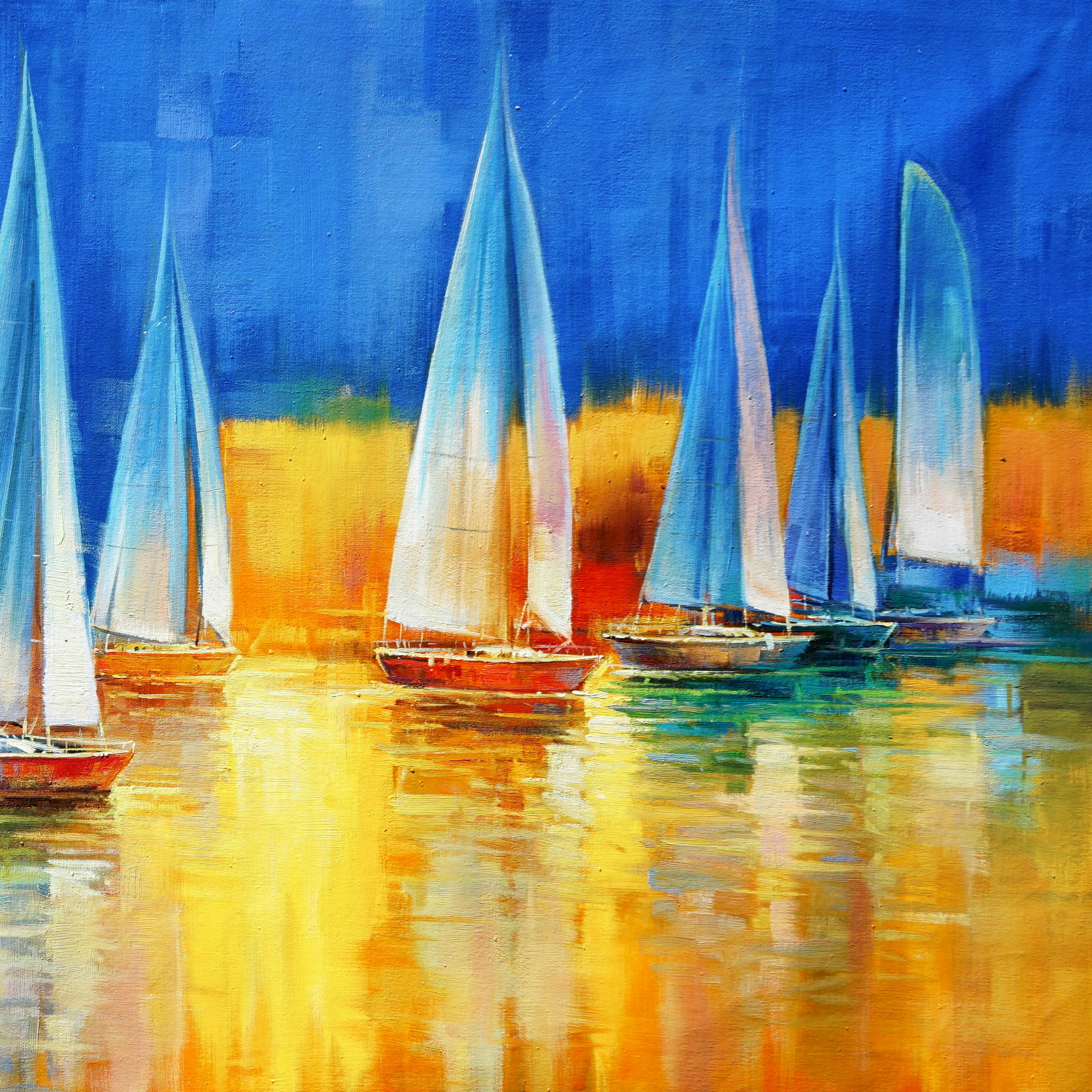 Hand Painted Group of Sailing Boats in a Body of Water 90x180cm