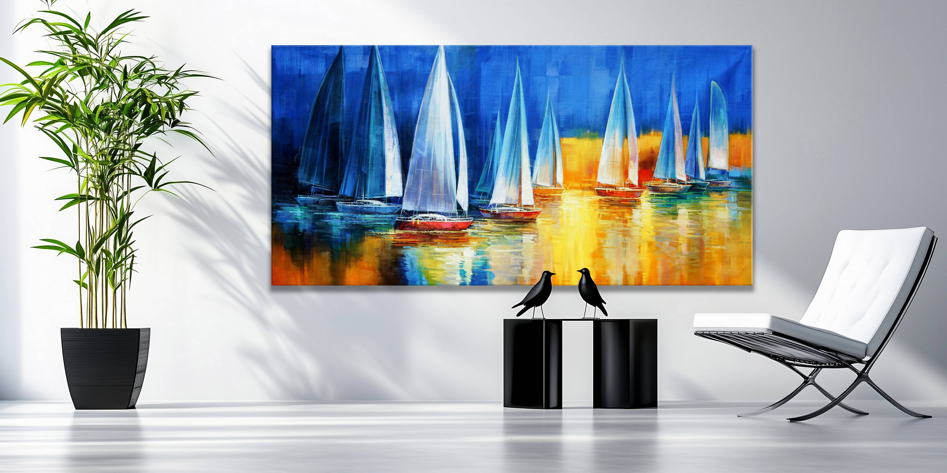 Hand Painted Group of Sailing Boats in a Body of Water 90x180cm