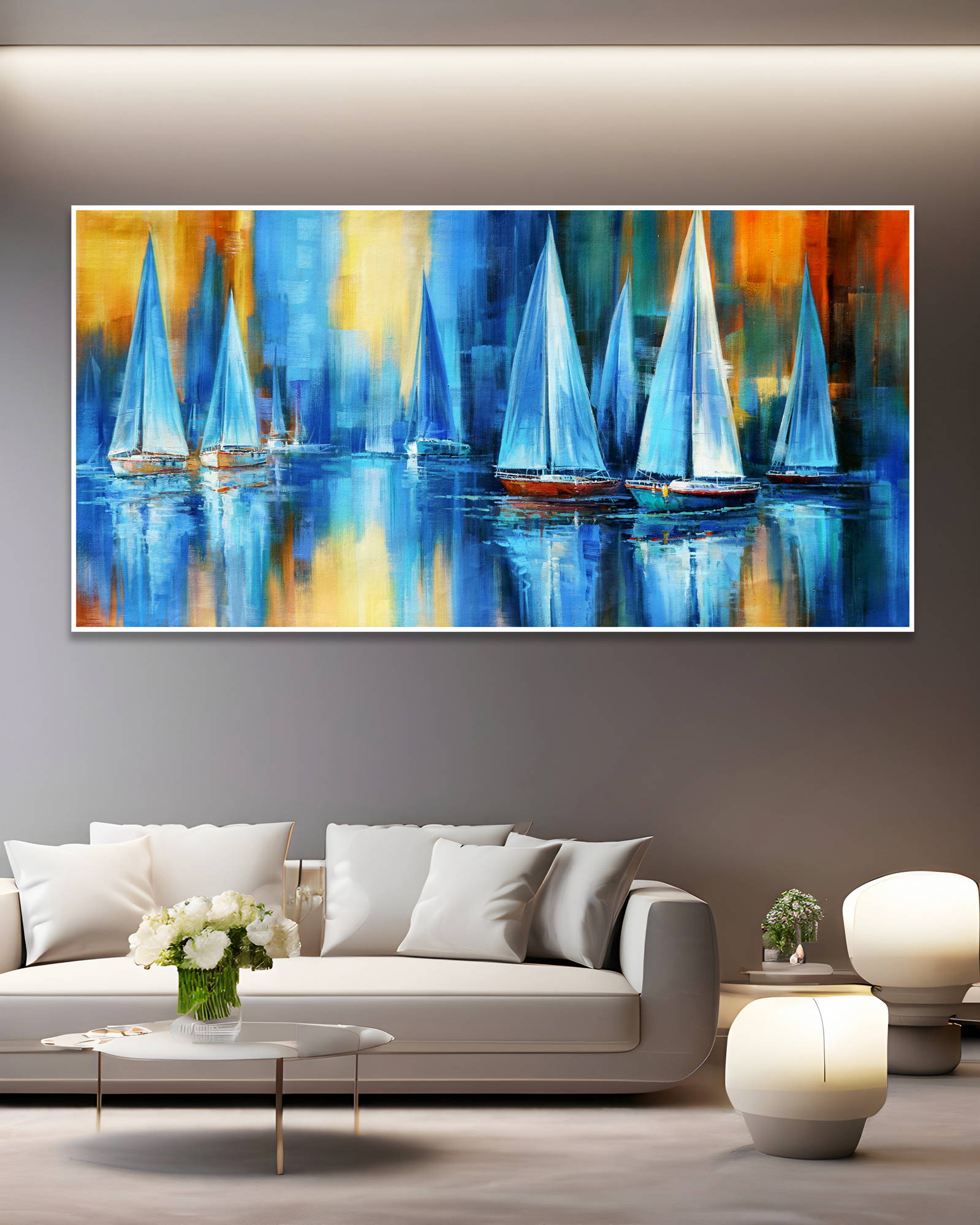 Dipinto a mano Barche a Vela stilizzate Regata 90x180cm