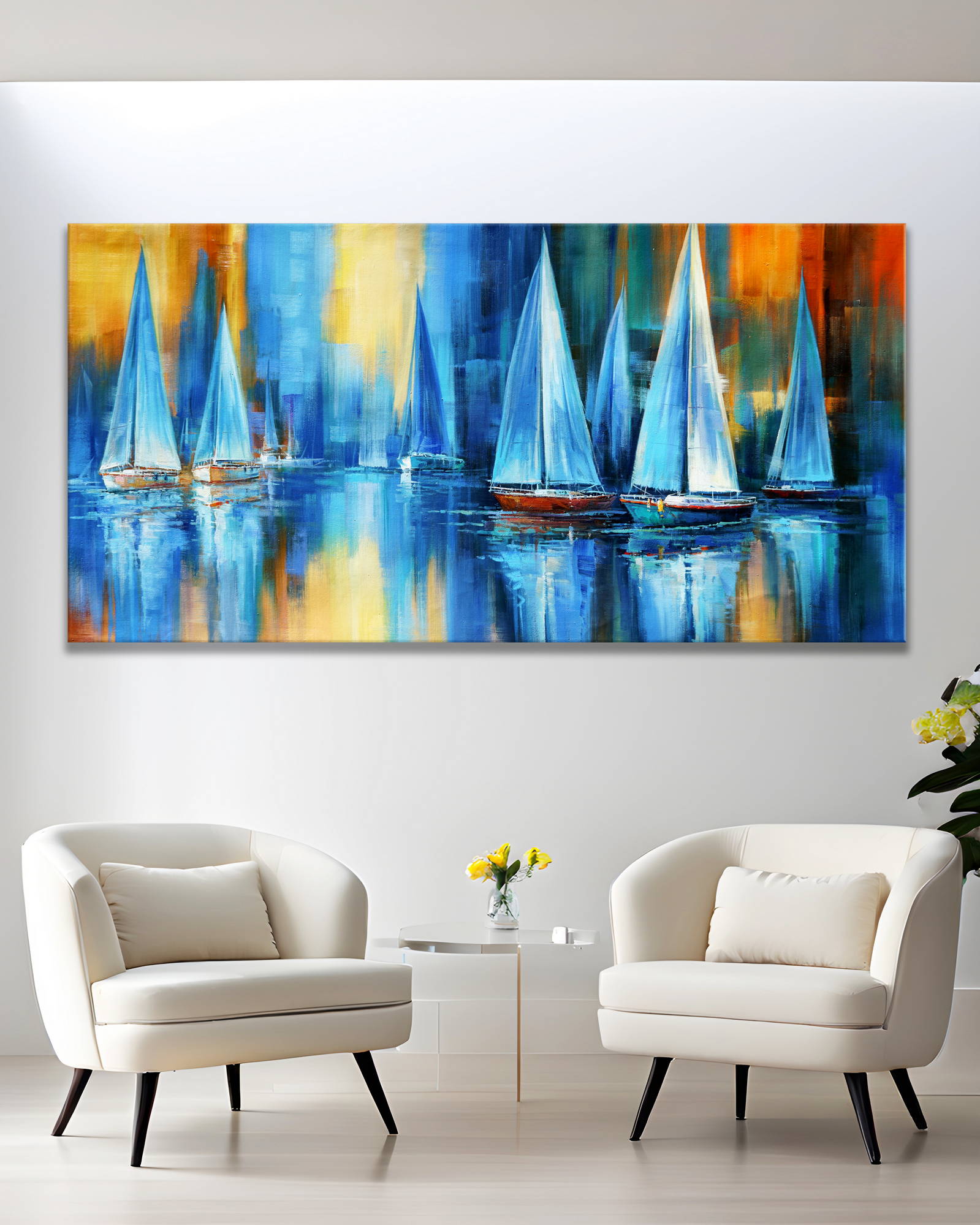 Dipinto a mano Barche a Vela stilizzate Regata 90x180cm