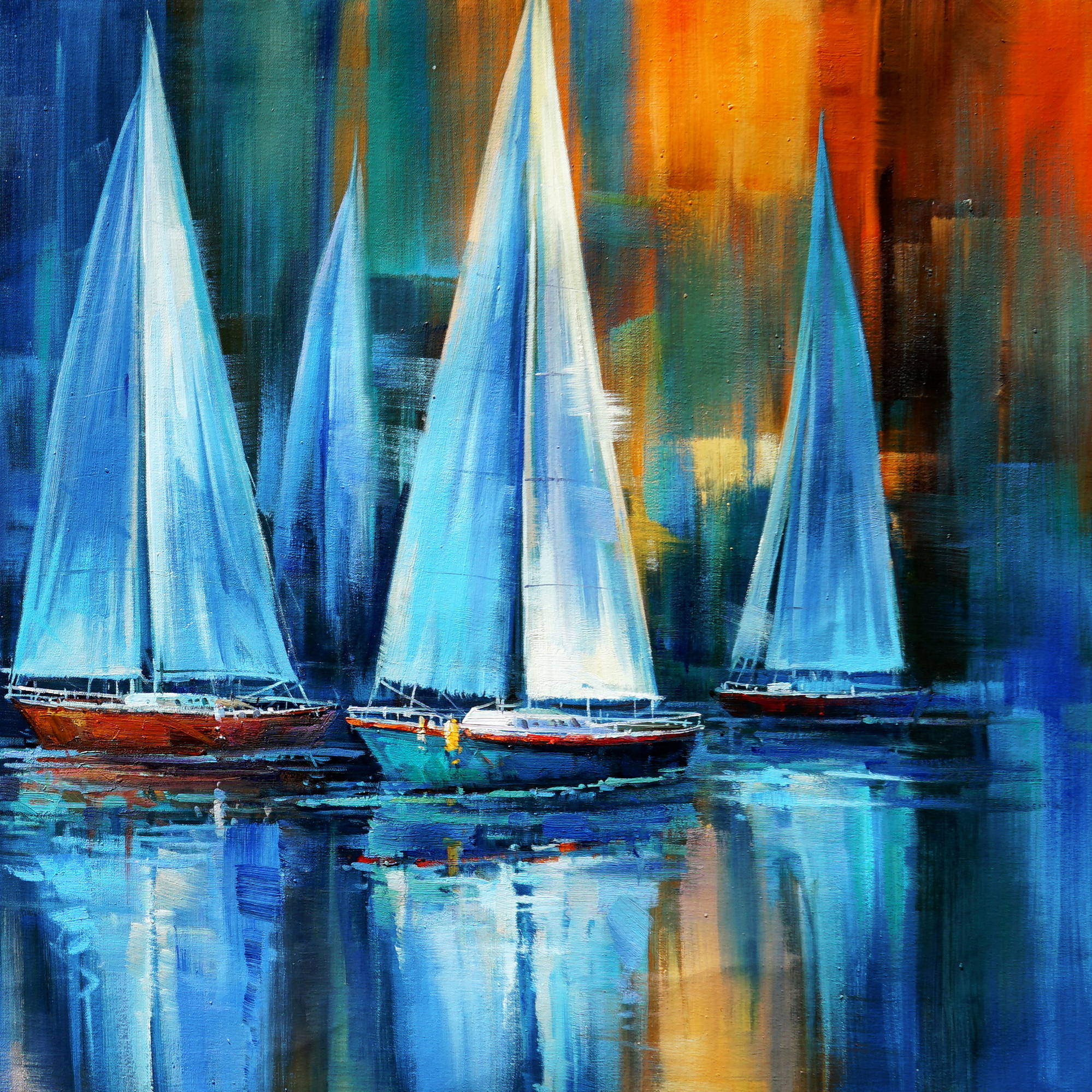 Dipinto a mano Barche a Vela stilizzate Regata 90x180cm