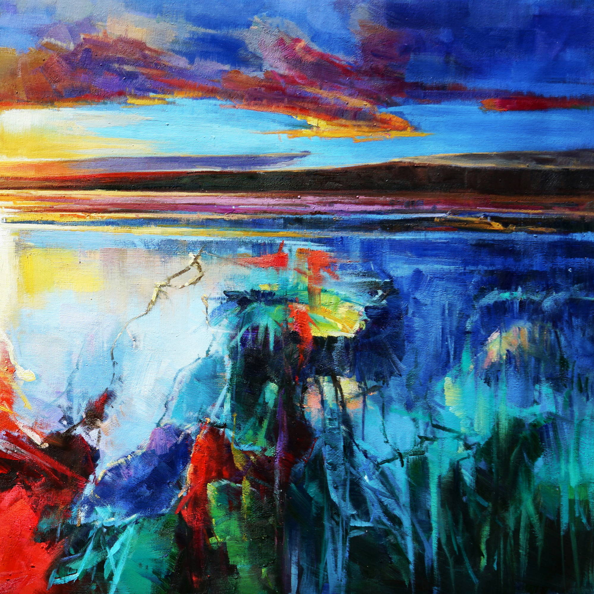 Dipinto a mano Marina stilizzata al tramonto 90x180cm