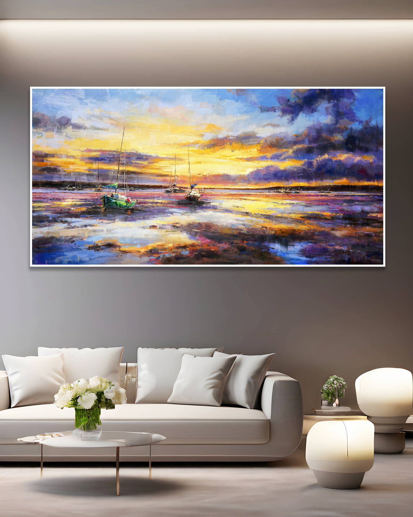 Dipinto a mano Marina al tramonto Barche in rada 90x180cm