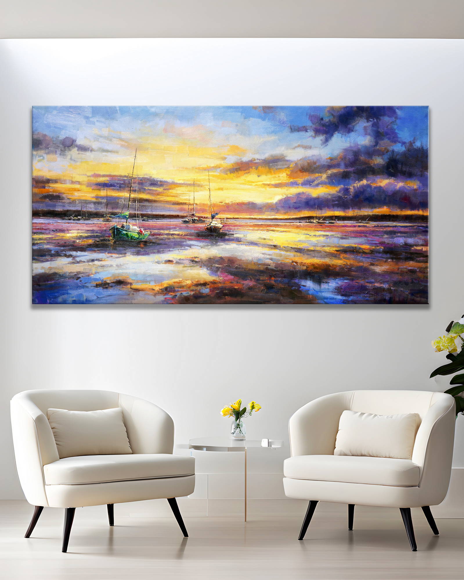 Dipinto a mano Marina al tramonto Barche in rada 90x180cm