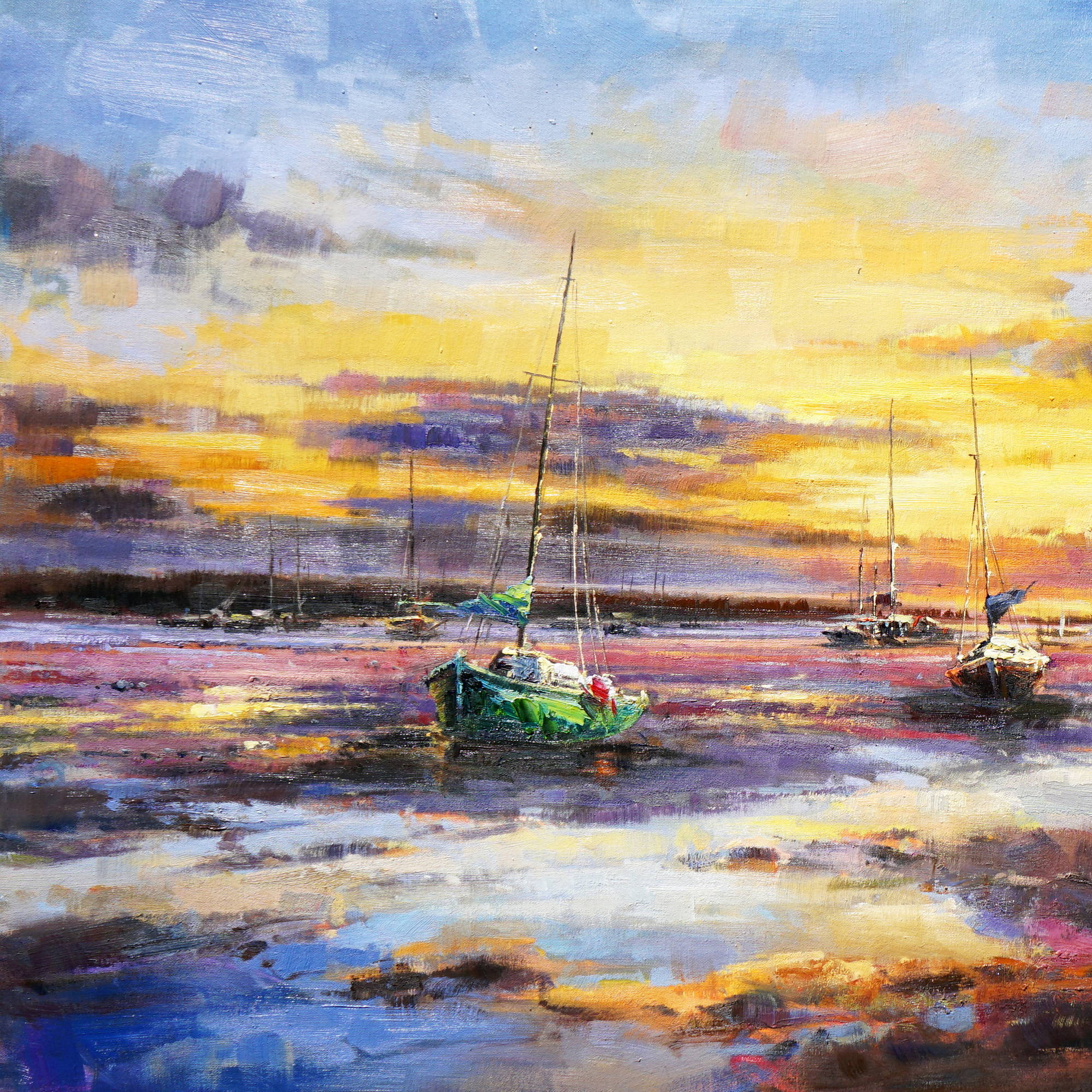 Dipinto a mano Marina al tramonto Barche in rada 90x180cm