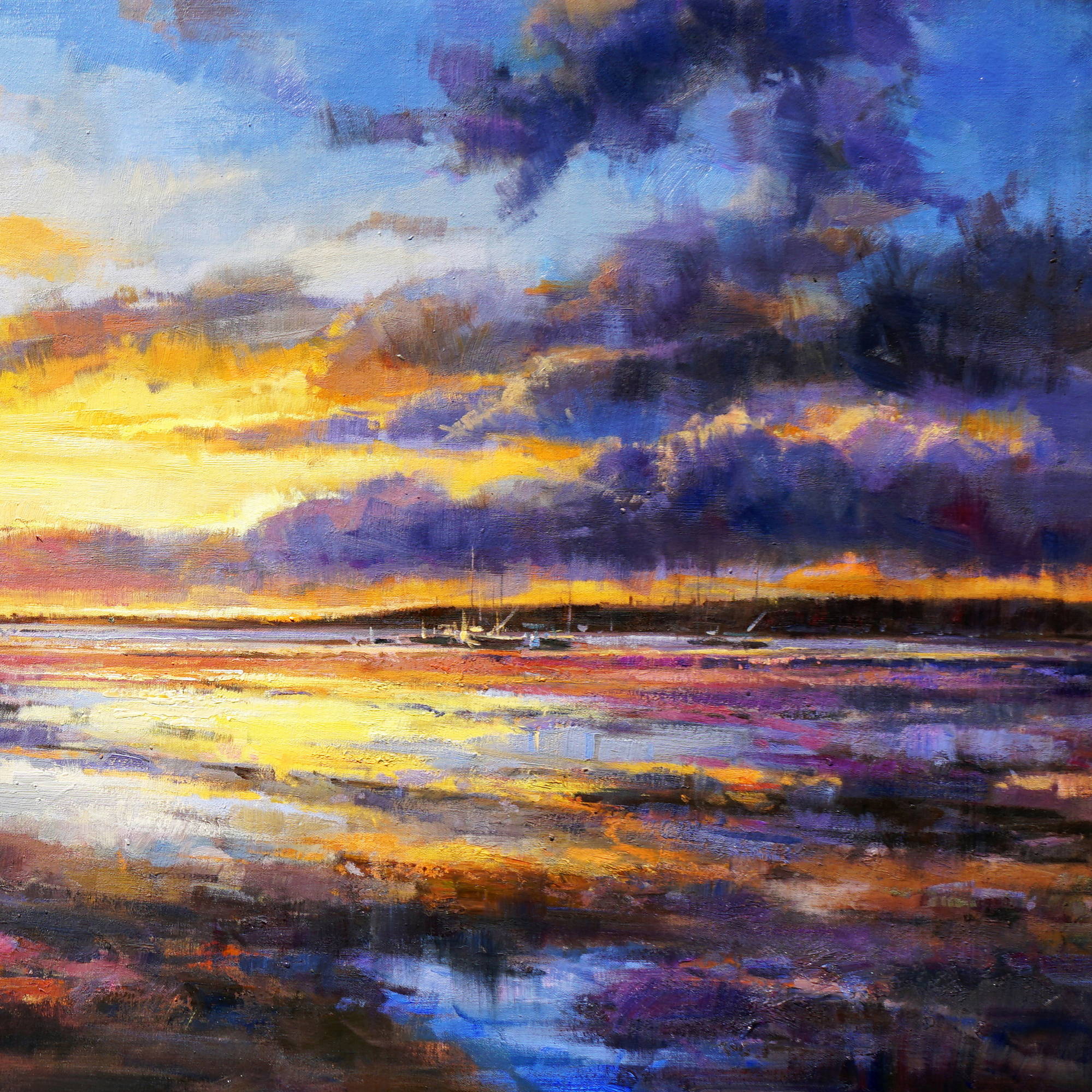 Dipinto a mano Marina al tramonto Barche in rada 90x180cm