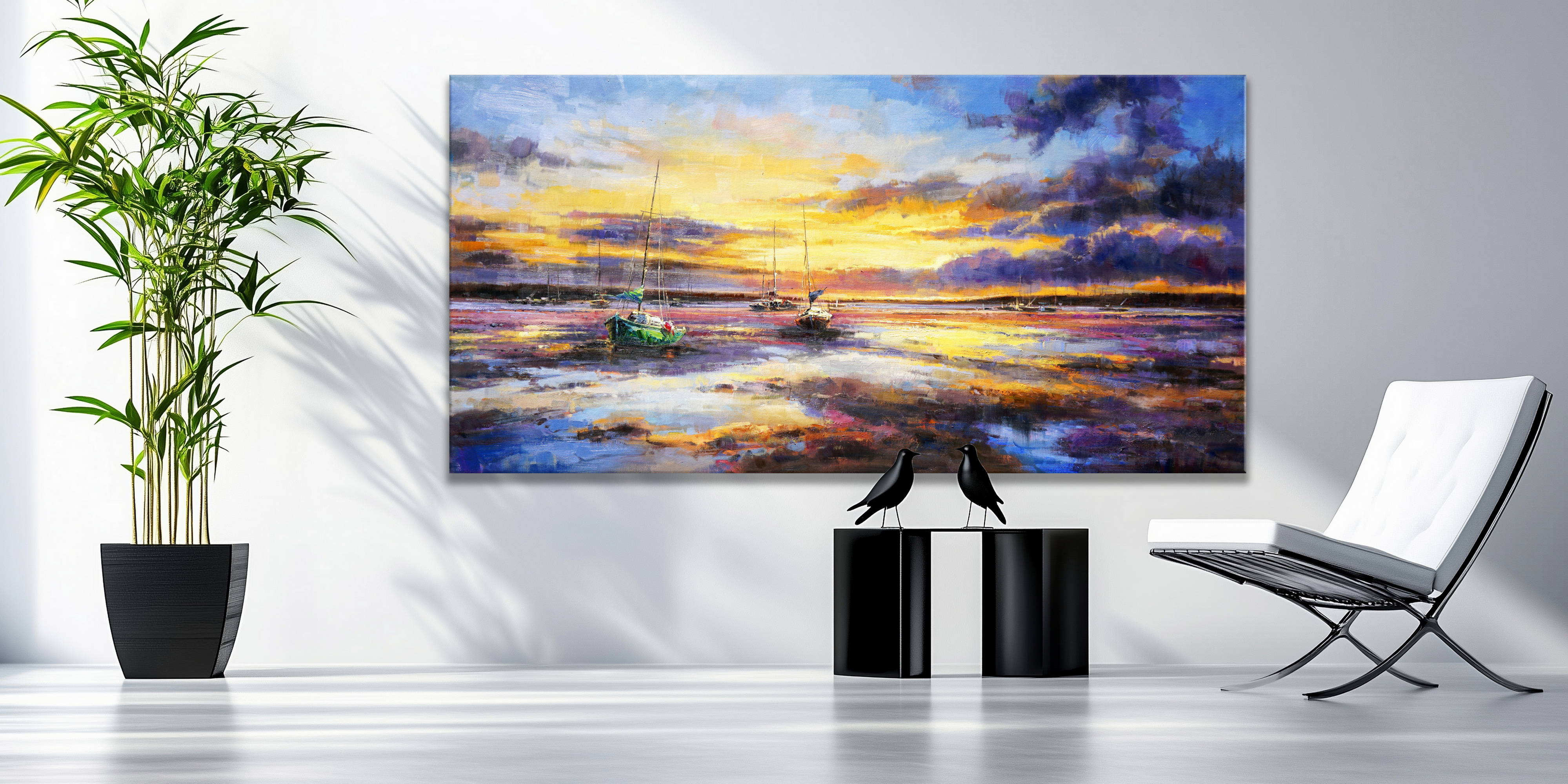 Dipinto a mano Marina al tramonto Barche in rada 90x180cm