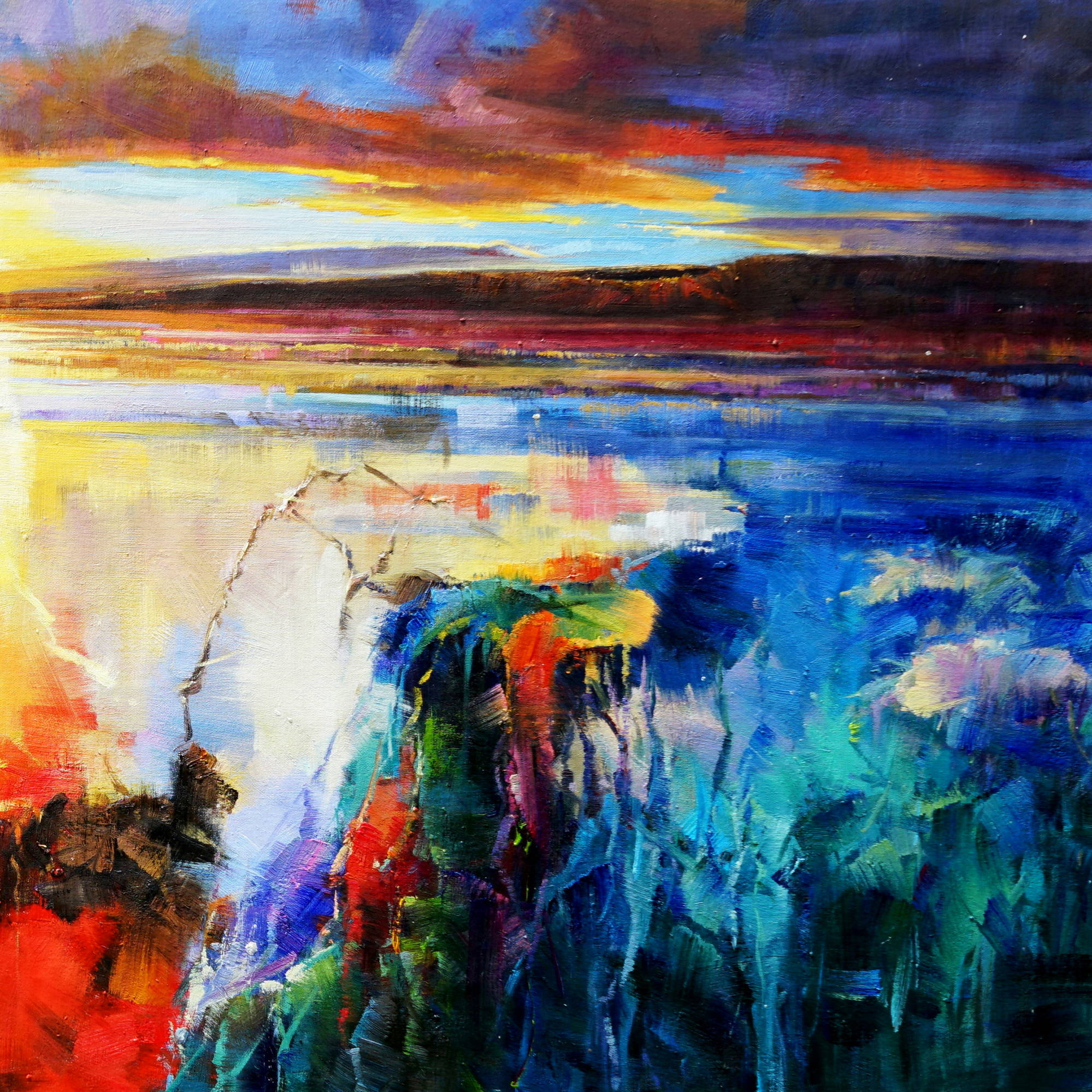 Dipinto a mano Marina stilizzata al tramonto 90x180cm