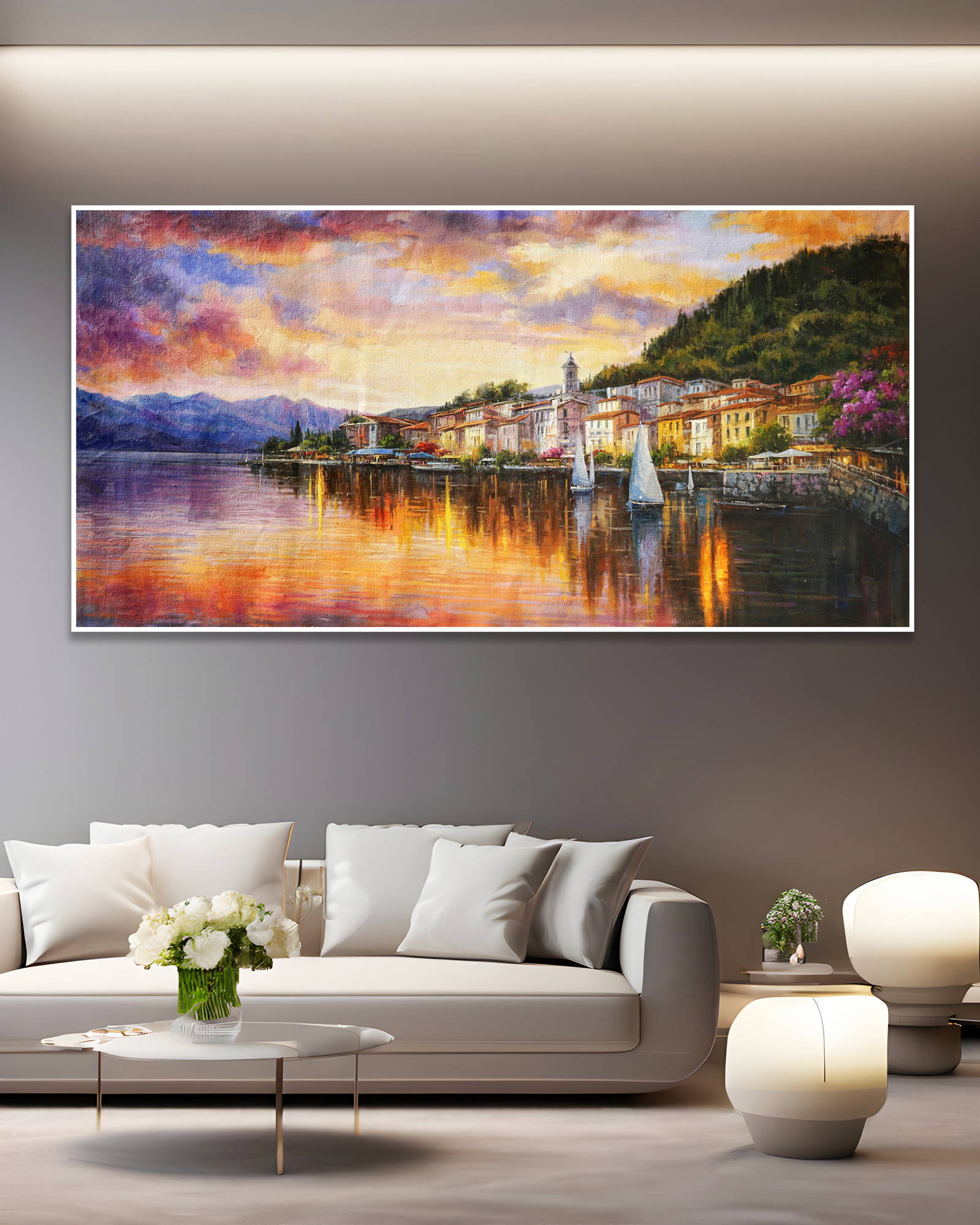 Dipinto a mano Varenna Lago di Como al tramonto 90x180cm