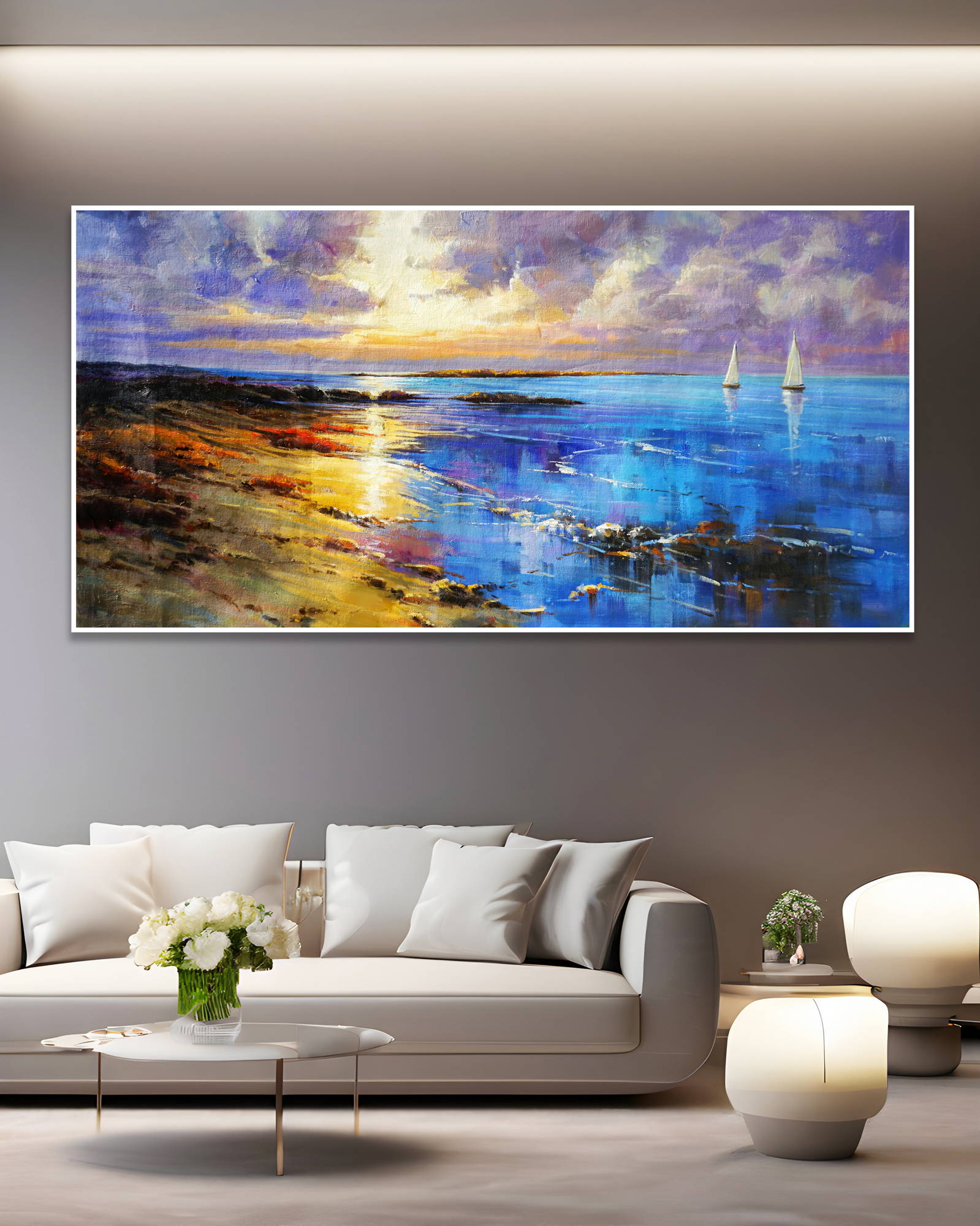 Dipinto a mano Spiaggia al tramonto Barche regata 90x180cm