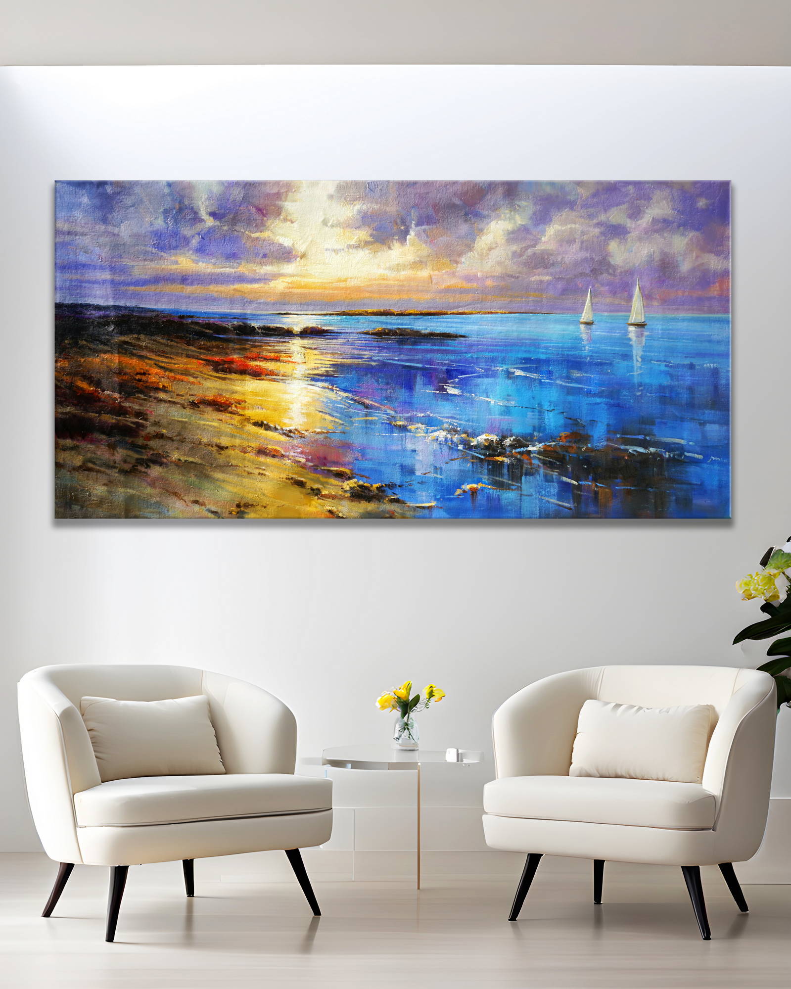 Dipinto a mano Spiaggia al tramonto Barche regata 90x180cm